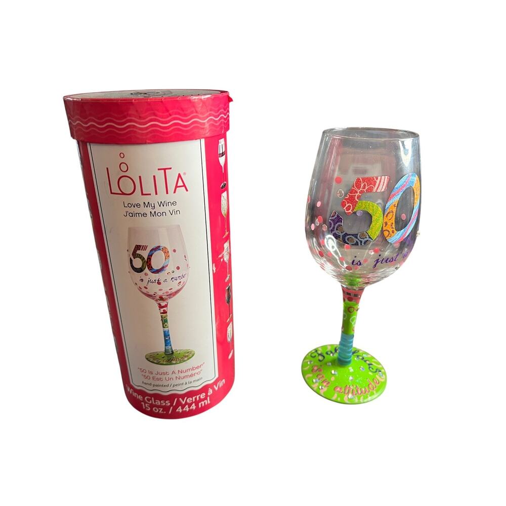 Lolita 50 Is Just A Number Hand Painted Wine Glass 15oz 50th Birthday Gift Box